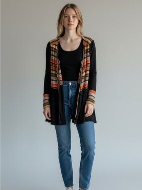 Umgee Black Cardigan with Orange, Red & Cream Patterned Panels